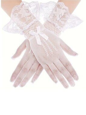 White Fishnet Lace Gloves Trim Satin Bow Wedding Gothic Carnival Role-Playing